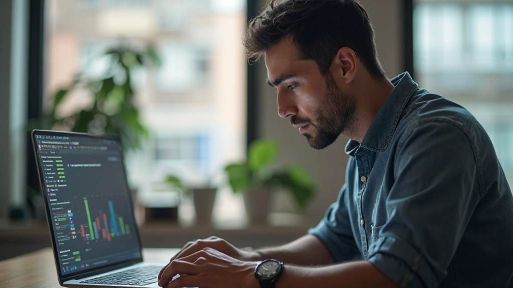 Persona estudiando gráficos de análisis deportivo en computadora portátil, completamente vestida, en ambiente moderno de oficina, luz natural, fondo desenfocado, SIN texto, SIN marcas de agua