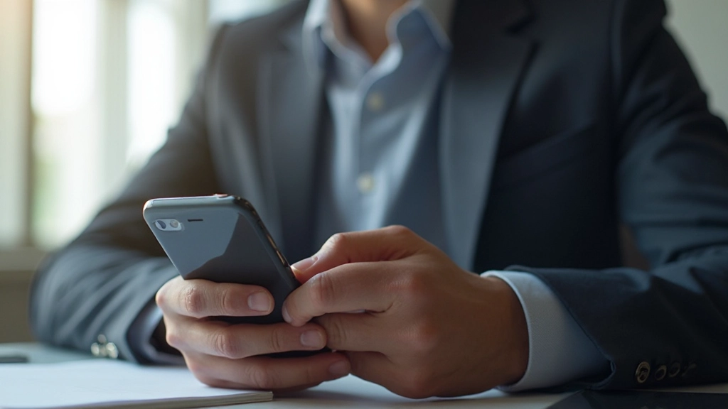 Mano sosteniendo teléfono móvil mostrando aplicación de apuestas deportivas, persona completamente vestida, oficina moderna de fondo, luz natural lateral, fondo desenfocado, SIN texto, SIN marcas de agua